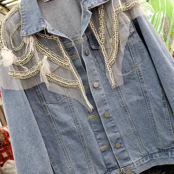 

2020 New European Goods Women's Clothing Spring Heavy Industry Diamond Beaded Lace Decorative Loose-Fit Long-Sleeve Denim Jacket