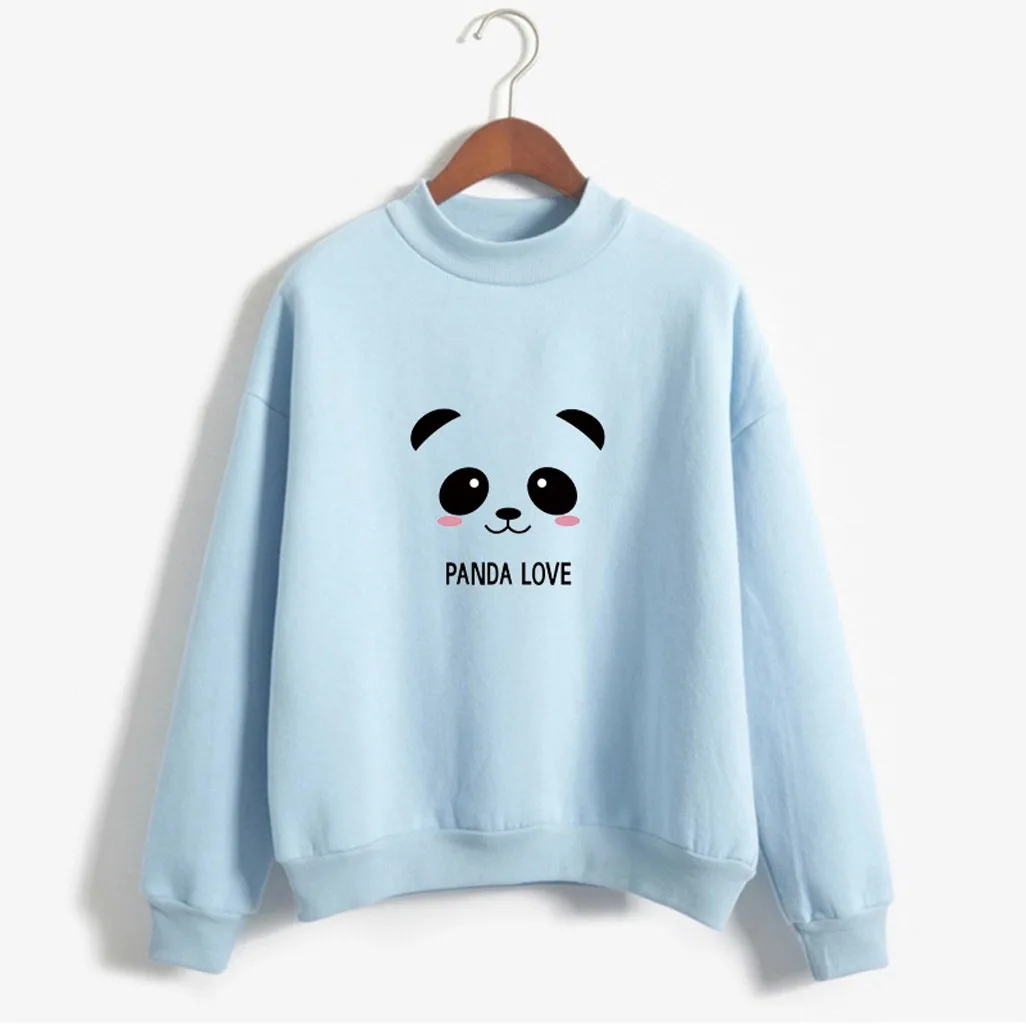 JAYCOSIN Trend Women Panda Printed Sweatshirt Casual Simple Long Sleeve Comfortable Soft Solid Color Cute Blouse Pullover Tops - Цвет: Небесно-голубой