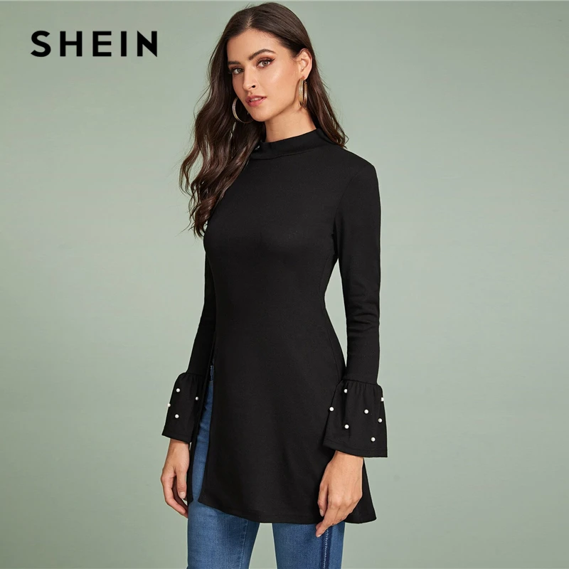 Billige SHEIN Schwarz Perlen Volant Sleeve Side Slit T Frauen Frühling Herbst Langarm Stehen Kragen Solide Lange Elegante T shirts