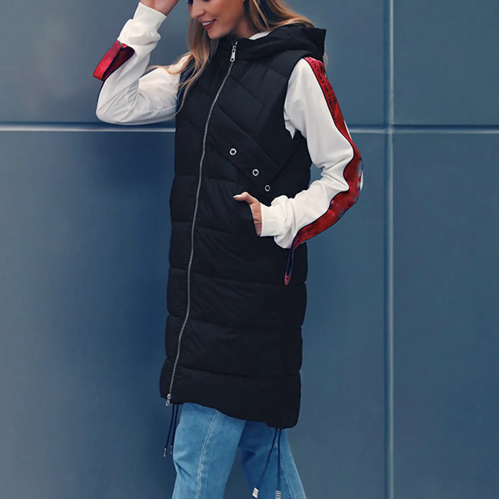Female Jacket Winter Women Fashion Solid Sleeveless Zipper Hooded Cap Long Coats Eiderdown Jackets Women's Winter Down Jacket