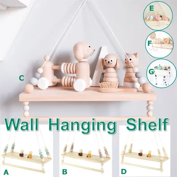 

Bedroom Wall Hanging Ornaments Tassel Beads Pendant Wooden Board Storage Shelf Rack Photo Props Kid Room Home Decoration