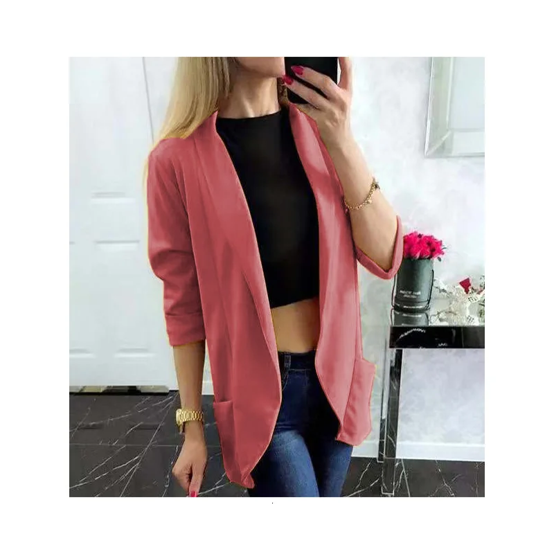 Dark pink Новинка, женские блейзеры, модные однотонные повседневные пальто, верхняя одежда для женщин, осенний кардиган с длинным рукавом, зубчатый Блейзер, куртка для женщин - Цвет: Dark pink
