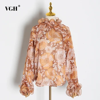 

VGH Patchwork Ruffle Print Women's Blouses Stand Collar Flare Long Sleeve Loose Hit Color Shirt Female 2020 Fashion Clothes Tide