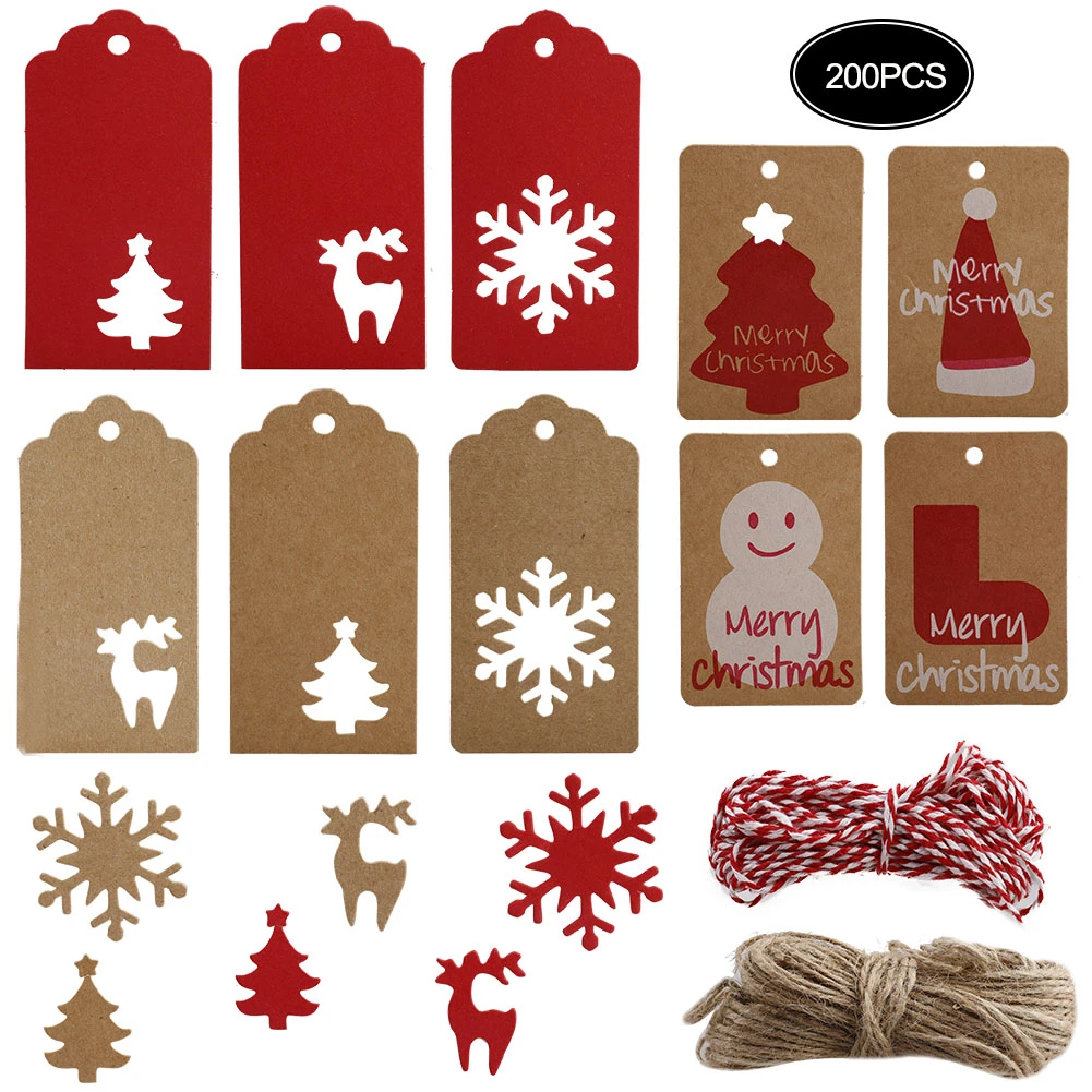 

200 Pcs 10 Styles Paper Tags Kraft Gift Tags Hang Labels Christmas Patterns With Twines String For Christmas Diy Art Card
