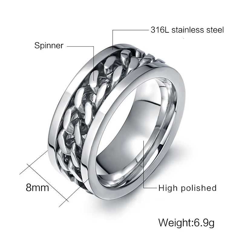 Vnox 8mm Rotatable Chain Ring For Men Women Stainless Steel
