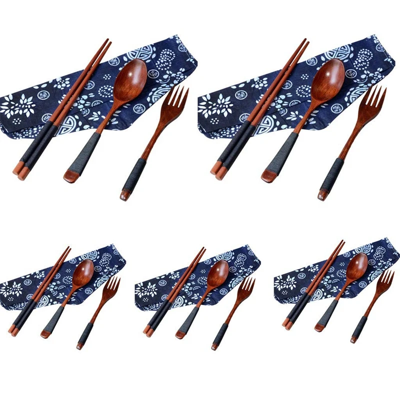 

Promotion! 5 Set Wooden Flatware Tableware Cutlery Set Travel Utensils Tied Line Reusable Flatware, Wooden Fork Spoon Chopsticks