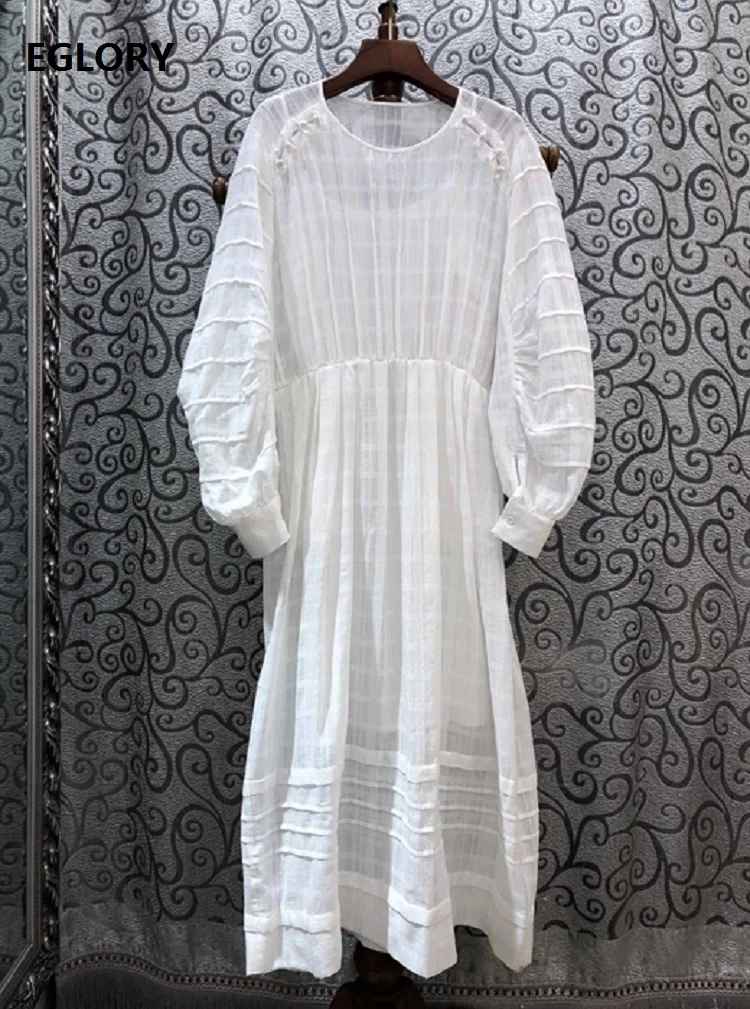 

Elegant Black White Dress 2020 Spring Summer Style Women O-Neck Geometric Patterns Button Shoulder Long Sleeve Cotton Dress