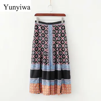 

2020 Women Vintage Color Matching Position Flower Print Split Skirt Ladies Back Zipper Pleats Vestidos Casual Chic Skirt