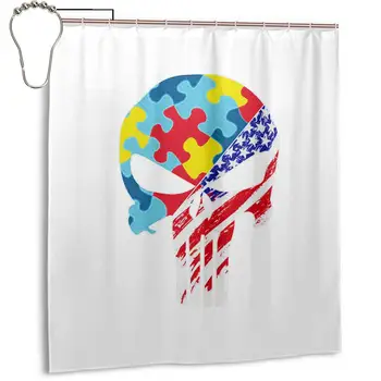 

Autism American Flag Skull T-Shrit for Autism Parents Shower Curtain Panel 66x72 Inch Metal Hooks 12 Pack Extra Long Black