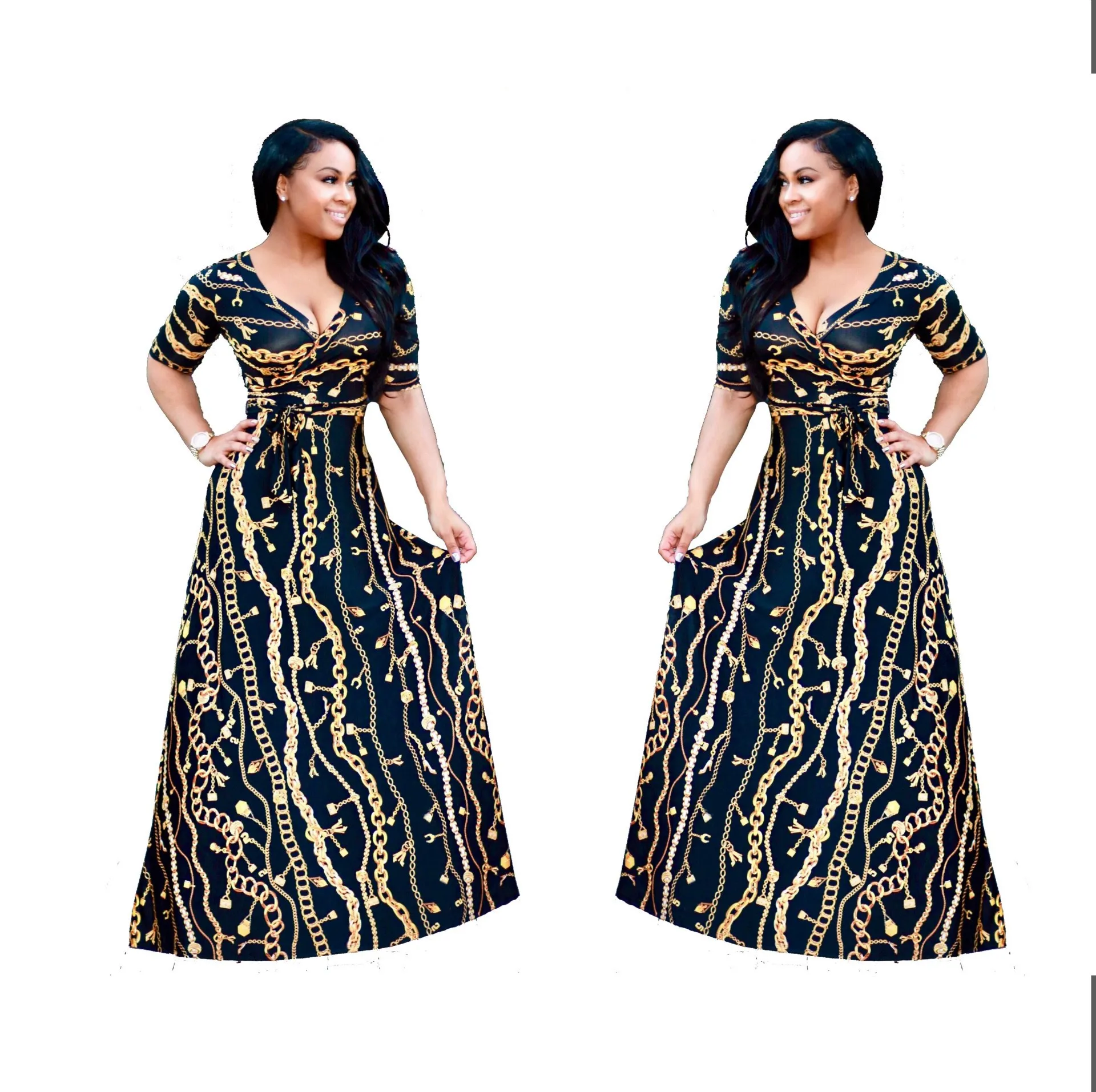 

Nice Summer Women Fashion V-Neck Belt A-Line Dresses Sashes Bohemian Iron Chain Print Party Dress Half Sleeve Long Dress