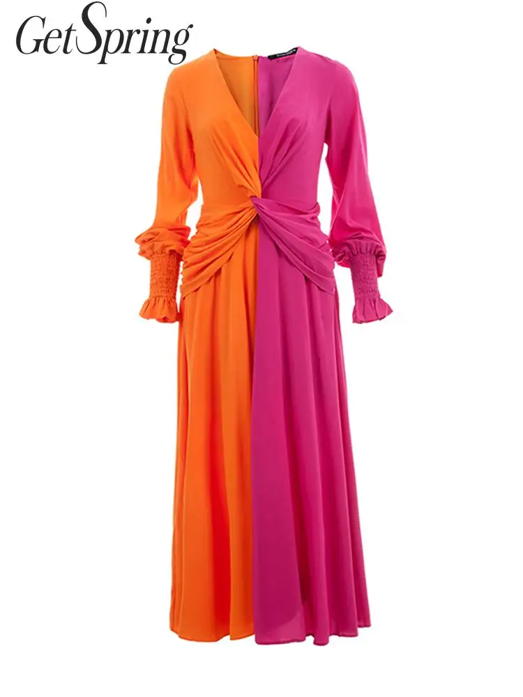 

GETSPRING Women Dress V-Neck Lantern Sleeve Color Matching Dresses Patchwork Irregular Long Dress Summer Women 2019 New Fashion