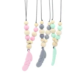 Portable 1pc Baby Teethers Toys Rodent Teething Chewing Necklace Feather Baby Teether Molar Gift Food Grade Silicone Wood Beads