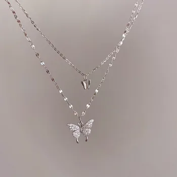 

LISM 925 Sterling Silver Flash Diamond Butterfly Double Necklace For Women Simple Design Crystal Elegant Wedding Jewelry Gifts
