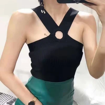 

HELIAR Cross Halter Knitting Women Camis Strapless Crop Top Cotton Camisole Femme Camis With Hole Women 2020 Summer Tank Tops