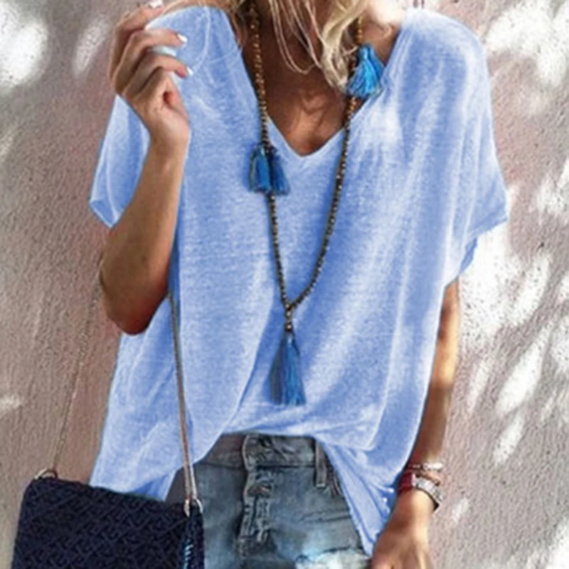 

New Summer Women's Casual T-Shirt Short Sleeve Loose Tops Shirts Jelly Color Clothing Solid Holiday Beach Plain Clothes