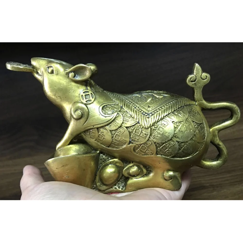 

6.5'' China Zodiac Rat Mouse Coin Yuanbao Money Bronze Statue
