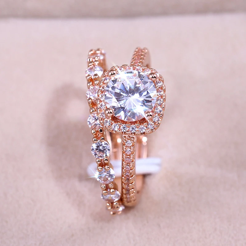 

YOBEST Female Square Ring Set Luxury Rose Gold Filled Crystal Zircon Ring Wedding Band Promise Engagement Rings For Women