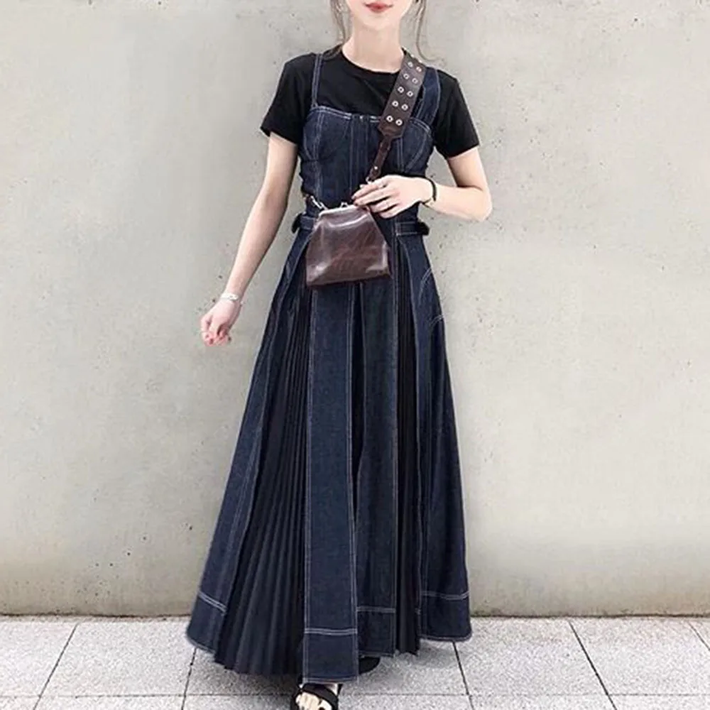 

Denim Dress Women 2019 Autumn Korean Fashion Causal Halter Blue Jeans Long Midi Pleated Dresses Brown Robe Sundress vestidos