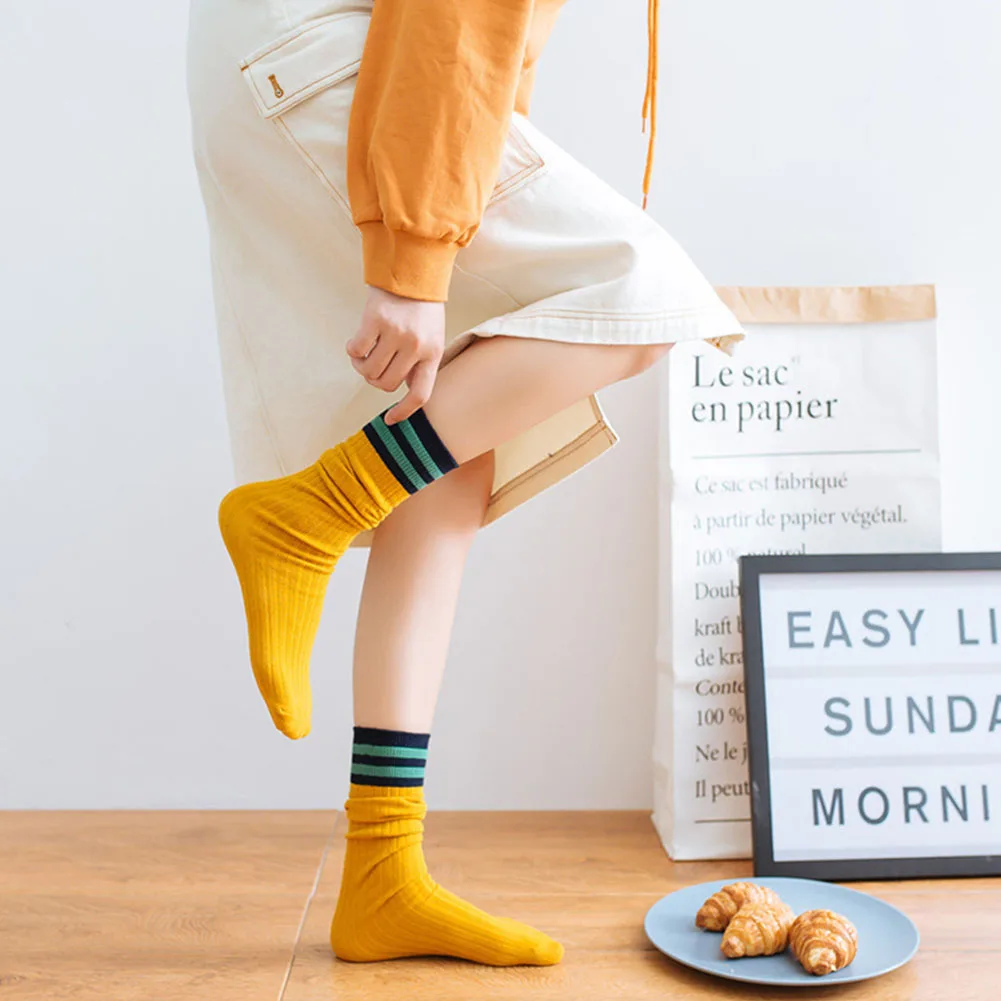 Цвет: желтый Heap Home Daily Elastic Autumn Winter Middle Tube Breathable Women Socks Keep Warm Casual Striped Travel Cotton Blend Soft - Цвет: Цвет: желтый