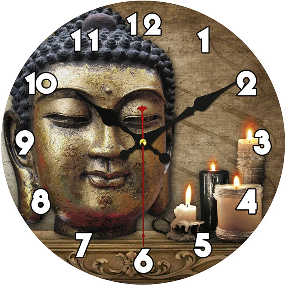 Buddha Wall-Decor Clock Brone Buddha Giclee Prints Wall Art for Living Room and Office Nursery Wooden Wall Clock Arab Numeral