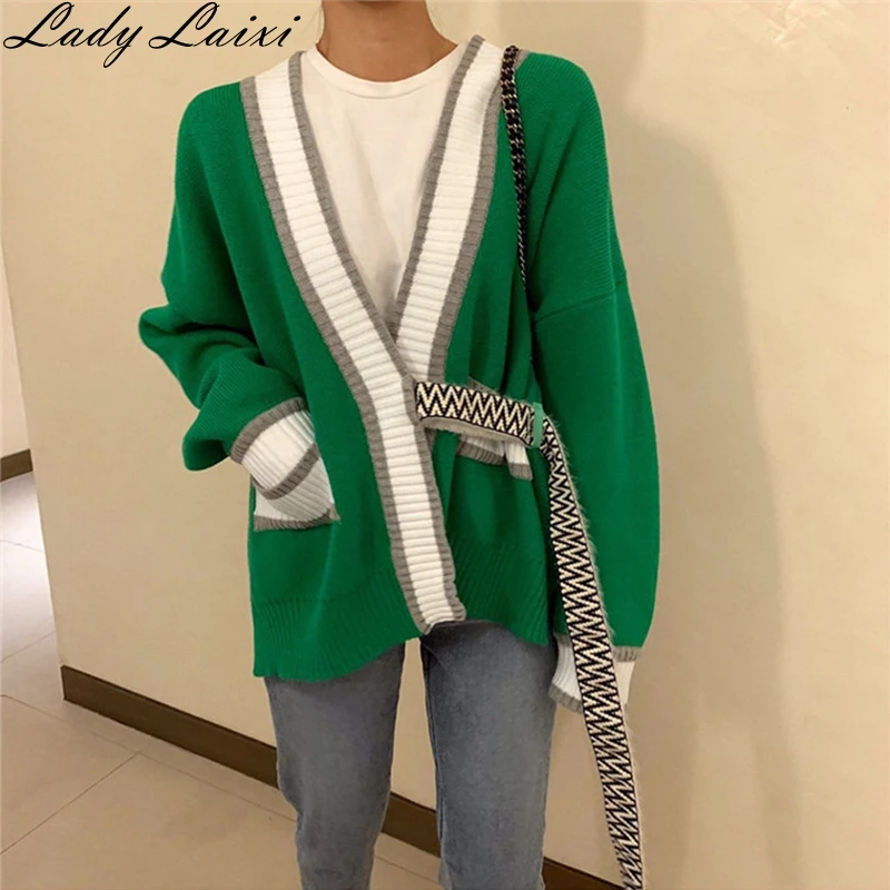 

2019 Autumn Winter Korean casual sweater patchwork color V-neck loose long sleeve knitted Cardigans coat