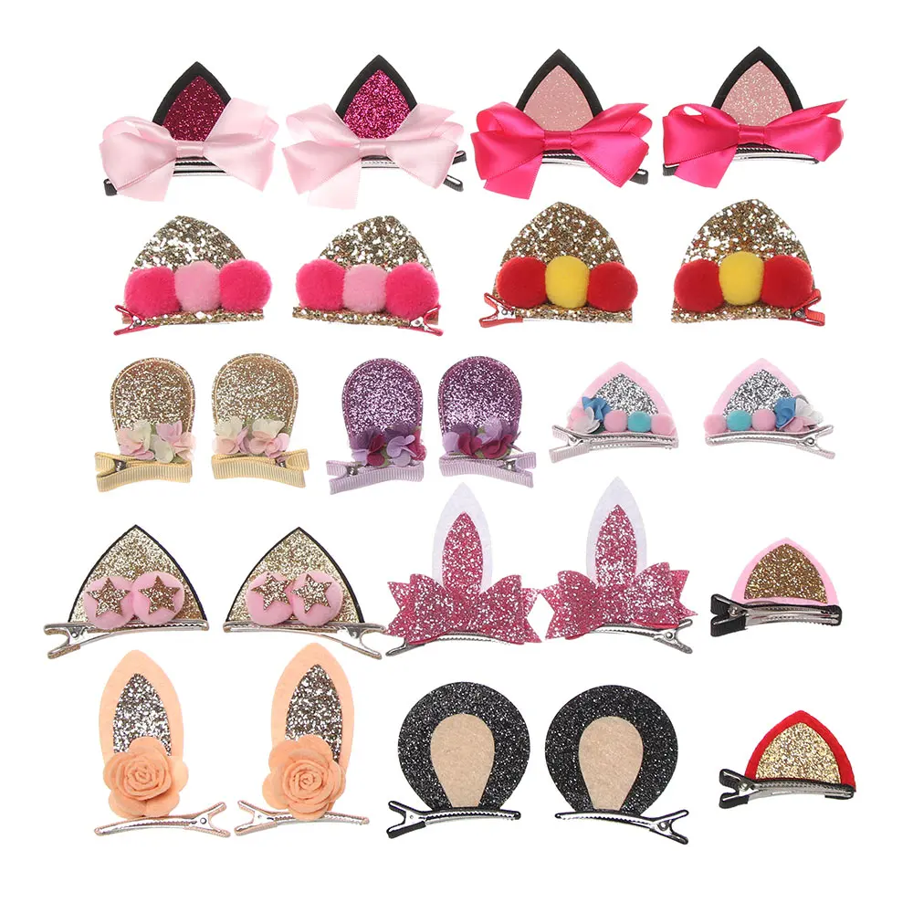 

1 Pair Girls Cute Hair Clips Glitter Rainbow Felt Fabric Flowers Hairpins Cat Ears Bunny Barrettes Hair Accessories For Kids