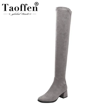 

Taoffen Women Square Toe Comfortable Over The Knee Boots Zipper Real Leather Simple Stretch Boots Chunky Heels Botas Size 33-40
