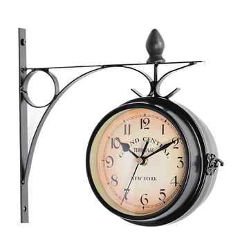 

Outdoor Wall Clock Hanging Retro Double Sided Battery Powered Metal Mount Vintage Garden Coffee Bar Decoration Round Station