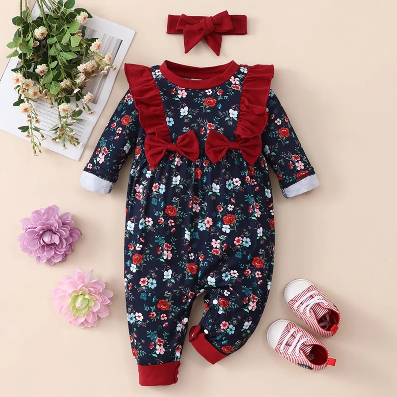 

Baby Girl 2 Piece Set Floral Ruffles Long Sleeve Baby Girl Romper+headband Spring Fall Baby Rompers Casual Baby Clothes 0-18M
