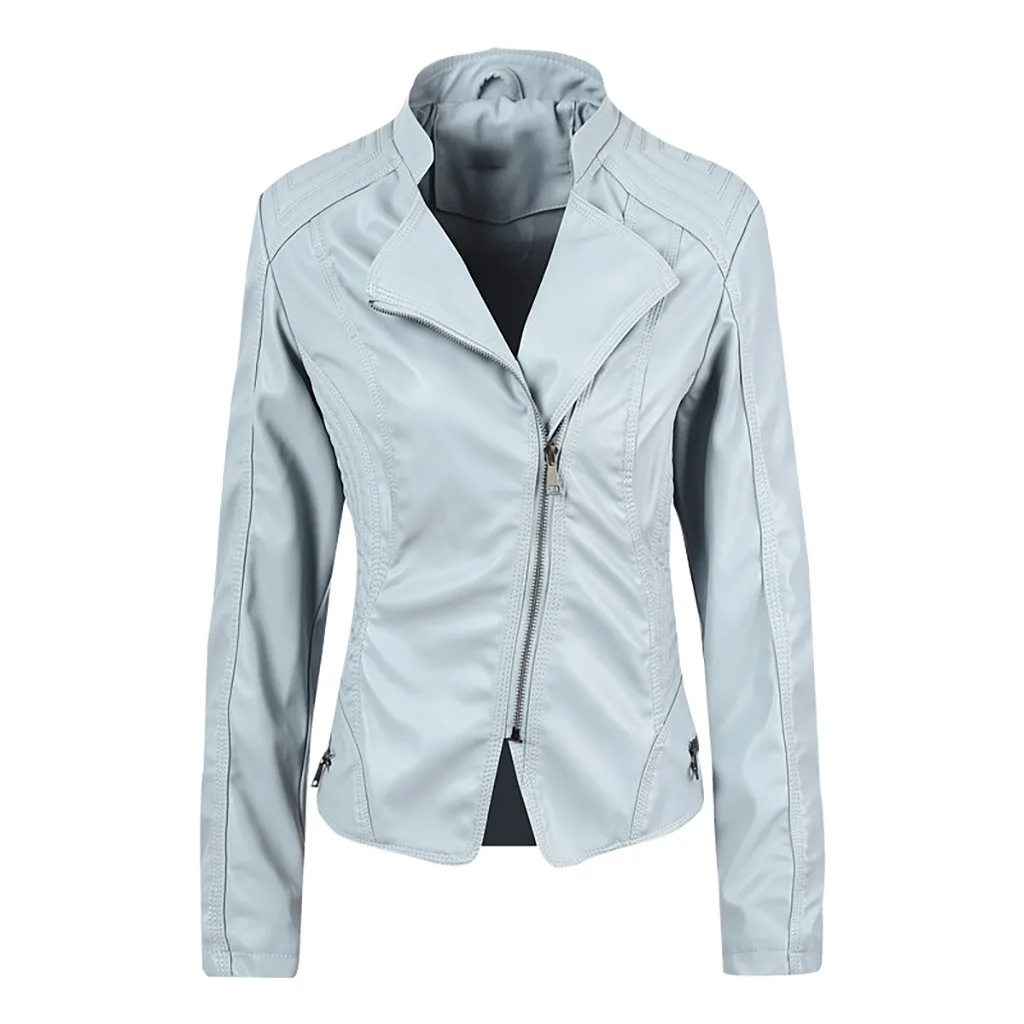 

Women's leather jacket куртка кожаная женская coat female пальто женское Casual Zipper Long Sleeve Bomber Jacket Warm Coat #3
