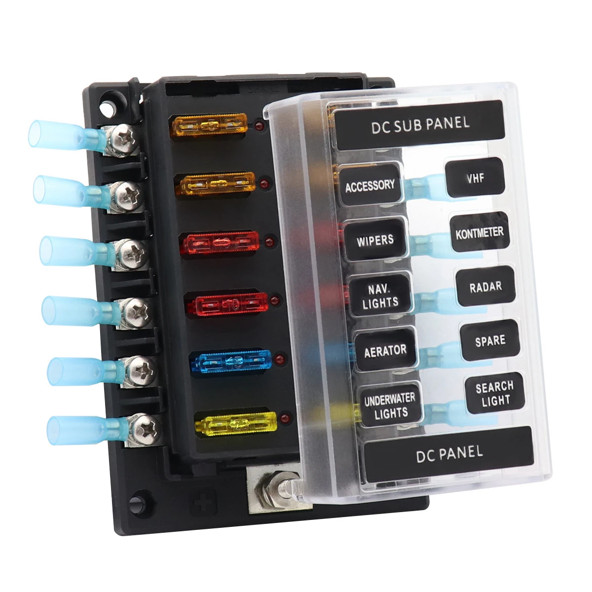 12 Way Fuse Box Fuse Block Holder with LED Indicators Fuses Stickers with slots for 2 spare