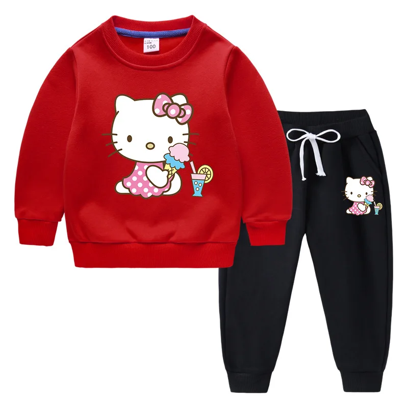 thumbnail image 1 of Hello Kitty estampado de dibujos animados para niños más suéter de terciopelo + pantalones gruesos ropa informal cálida de dos piezas para niños y niñas, 1 of 5