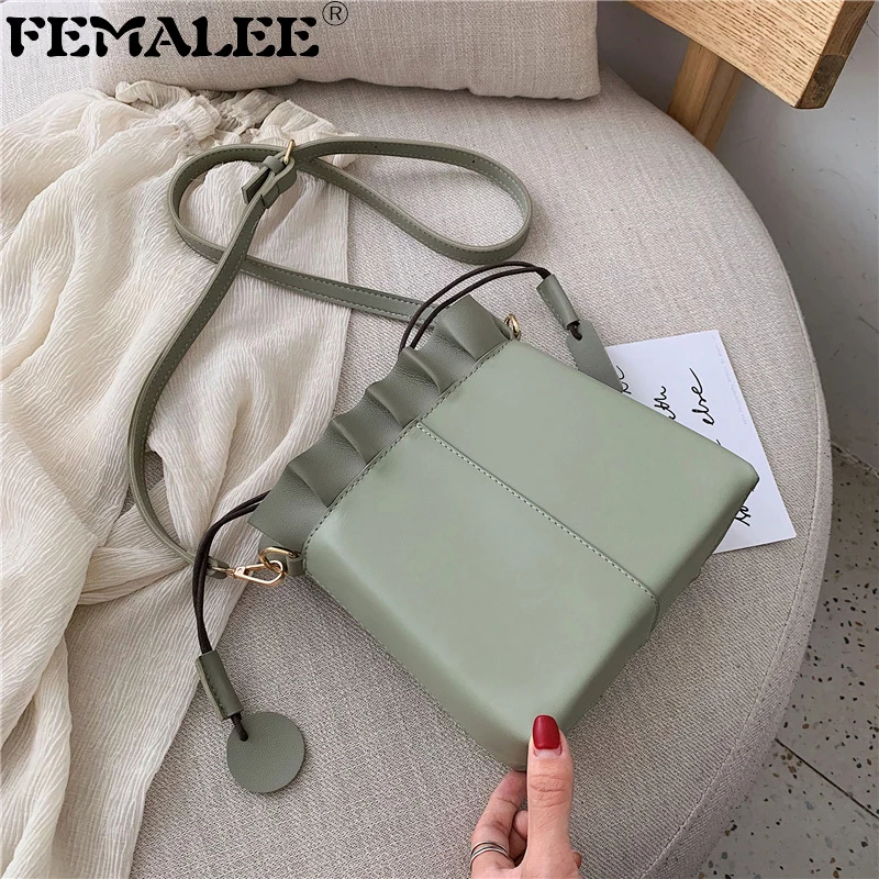 

Fashion PU Leather Korean Purse Solid Shoulder Bag Women Trendy Ruched String Cross Body Bag Lady Ruffle Handbag Messenger Bolsa