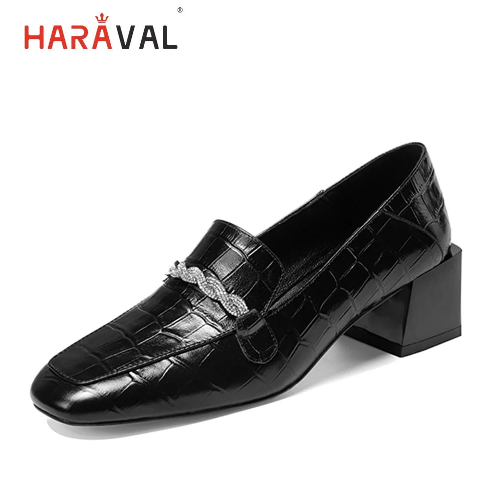 HARAVAL Spring and Autumn Women's thick with single shoes leather non-slip square head high heels fashion ladies dress shoesD113