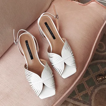 

Genuine Leather Square Head Semi-high Heeled Buckle WOMEN'S Shoes Peep Toe Chunky Heel Solid Color Simple Versatile Sandals