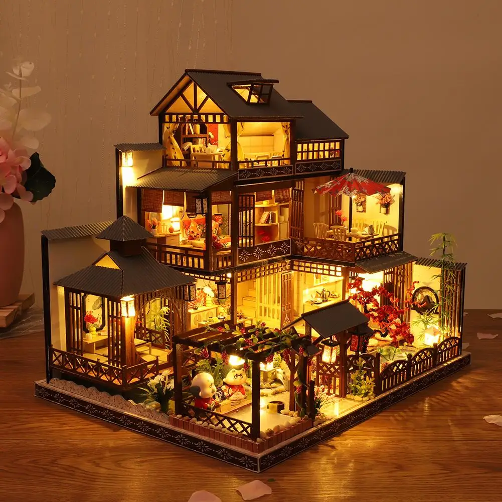 Country Wooden Dollhouse DIY Miniature Furniture Kit Light Child Christmas Gift