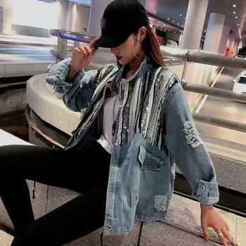 

2020 Sequins Denim Jacket Women Bomber Jacket Fashion Long Sleeves Coats Vintage Jeans Jacket Colete Feminino chaqueta mujer