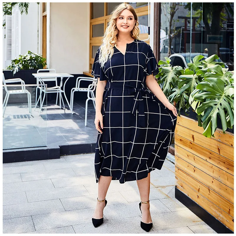 new summer plus size long dress for women loose casual large V neck plaid falbala dresses belt black 4XL 5XL 6XL 7XL