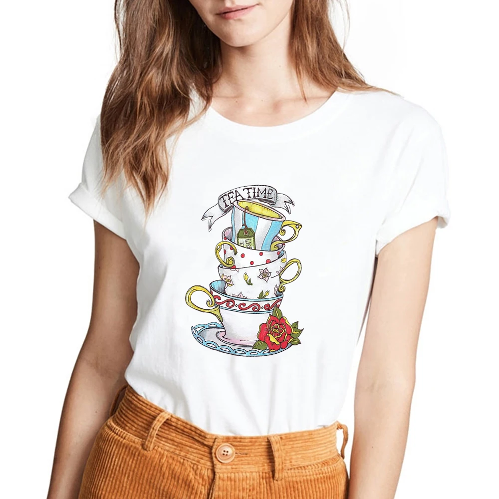 

Disney Fashion Tops Tshirts Clothes Women Alice In Wonderland Graphic TEA TIME Letters Printing Female Tee T-Shirt Dropship