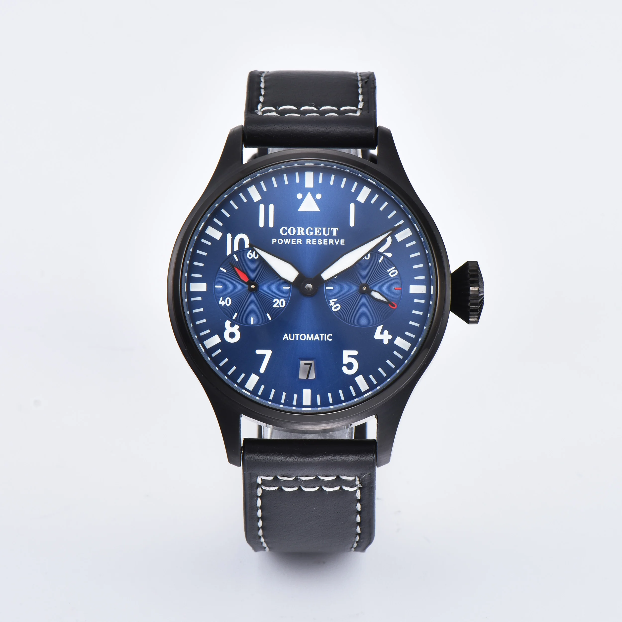 

Corgeut 42mm blue dial Power Reserve Date Window black PVD Case Men's Automaitc Watch