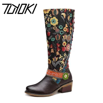 

Tuyoki Retro Printed Flower Cowgirl Boots Women Shoes Real Leather Knee High Boots Winter Bohemian Knight Botas Size 36-42