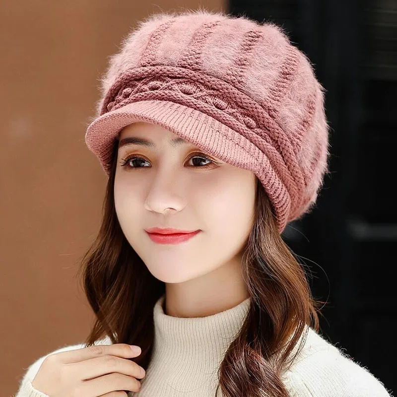 Hat HANGYUNXUANHAO, Модный берет для женщин, зимняя теплая шапка, меховые береты из искусственного кролика, головные уборы для женщин, вязаная шапка