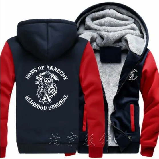 

Mens Fashion Plus Velvet Thicken Hooded Sweatshirts Winter Cardigan Jacket Sons Anarchy Samcro Jax Print Hoodies Jacket Coat