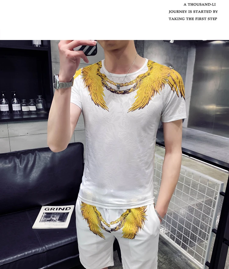 Футболка+ шорты tweddelige mannen Sportkleding Set mannen t-shirt модный мужской Комплект футболок Persoonlijkheid с принтом орла
