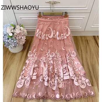 

ZIWWSHAOYU High-End Autumn Fashion Letter Embroidery Applique Pink Meshlong Shirt Women Runway Customized