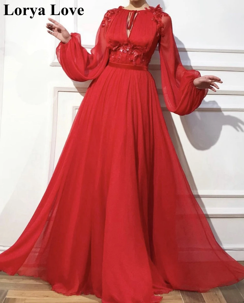 

Red Long Sleeves A-Line Evening Dresses 2020 Sexy Women Formal Party Robe De Soiree Elegant Chiffon Vestido Long Prom Maxi Dress