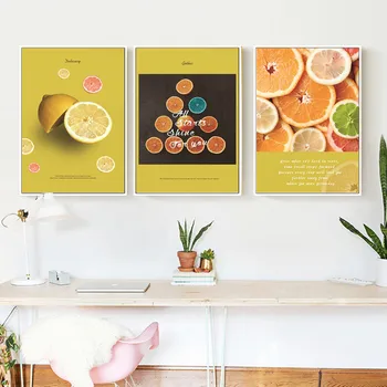 

Customized Abstract Fruit Theme Wall Painting Yellow Background Orange Lemon Slice Canvas Printing Frameless Decorative Poster
