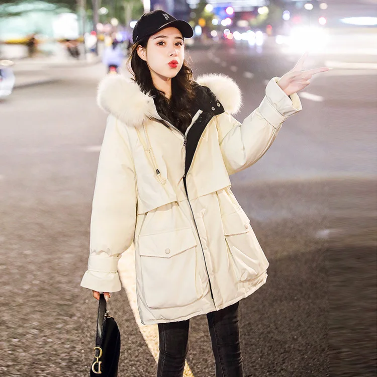 

Workwear down Jacket Women's Mid-length 2019 Winter New Style Dongdaemun Thick Waist Hugging Large Fur Collar Cotton Overcoat Fa