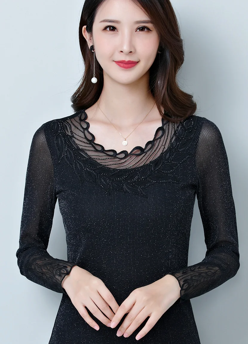 Blusas mujer de moda Осенняя Сетчатая футболка с длинными рукавами модная повседневная открытая Футболка женская рубашка большого размера Женская рубашка