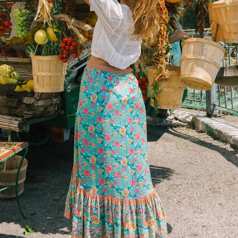 Винтажная шикарная модная женская юбка хиппи с цветочным принтом, Пляжная богемная юбка для девушек с высокой эластичной талией, трапециевидная Вискозная юбка макси в стиле бохо